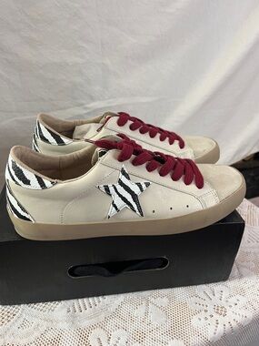 White Leather Sneakers with Burgundy Laces 9.5”